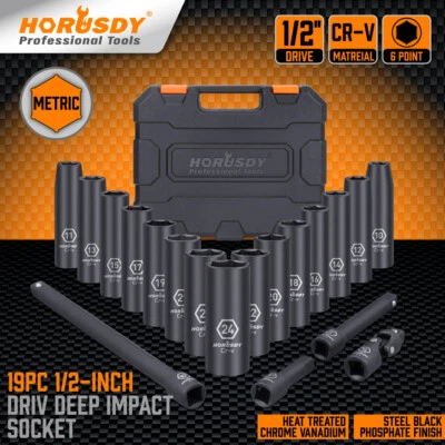 19 PCS Deep Impact Socket Set 1/2" Drive Long Reach 10mm-24mm Extension Bar CR-V