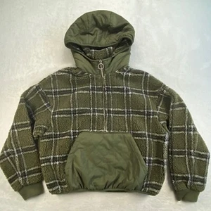 Zara Sherpa Pullover Hoodie Plaid Quilted Pocket Green Olive Size Small - Picture 1 of 8