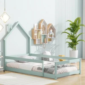 Twin Size Wood Bed W/ House-shaped Headboard Floor Bed with Fences, Light Green - Picture 1 of 6