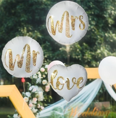3 Balloons 18" Gold Glitter Balloon Mr. Mrs. Love White with Gold Letters - Image 1 of 4