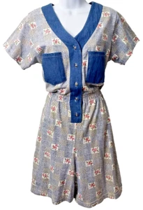 Vintage Patchwork Denim Romper M Playsuit POCKETS Rose Beach 80s Sporting Club - Picture 1 of 13