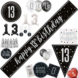 Black  Silver Age 13th & Happy Birthday Party Decorations Bunting Banner Balloon - Picture 1 of 28