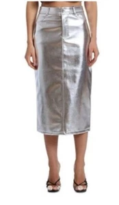 NWT 7 FOR ALL MANKIND WOMEN'S SIZE M SILVER FAUX LEATHER MIDI PENCIL SKIRT - Picture 1 of 8