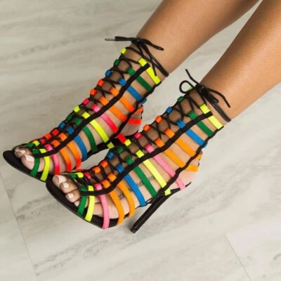 Women Multi Neon Color Strappy Cut Out Cage Lace Up Pump Sandal Booties Peep Toe - Image 1 of 4
