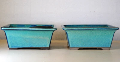 2 Set Japanese Bonsai Pot 5.7"(14.4cm) Light Green Glazed Rectangle Y728 - Image 1 of 4