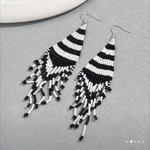 Native American STYLE Handmade Black White (Zebra) Bohemian Bead Earrings 5" - Picture 1 of 5