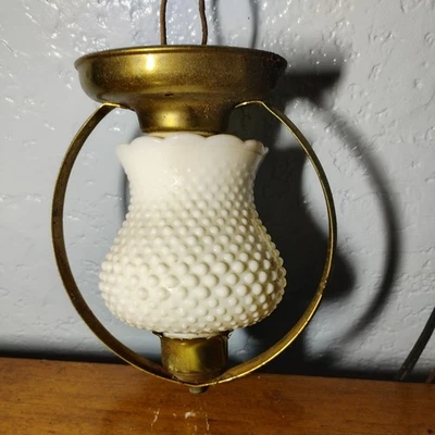 Vtg Flush Mount Ceiling Light Fixture Hobnail Milk Glass Shade 1960s Brass Oak - Image 1 of 4
