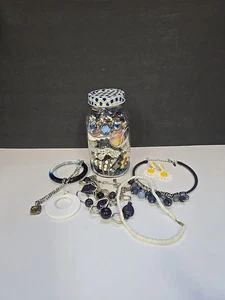 Quart Mason Jar W/Gingham Lid Filled W/Pretty Blue Yellow White Mystery Jewelry - Picture 1 of 14