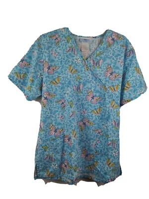 SB Scrubs SCRUB TOP size M Butterflies Multicolored Vivid Blue short sleeve  - Image 1 of 4