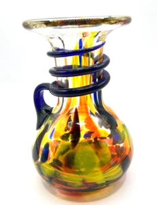Hand Blown Bohemian Spatter Yellow Orange Glass Applied Cobalt Swirl Blue Handle - Picture 1 of 9