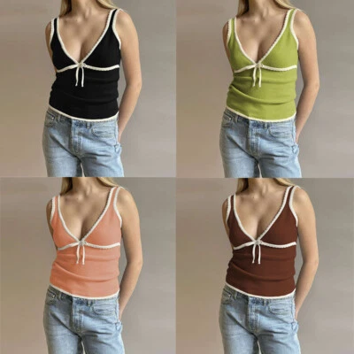 Lace Slim Vest Fashion Deep V Bow Women's Clothes Sexy Sleeveless Pullover - Image 1 of 4