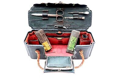 Antique French 1800's ETUI SEWING KIT In Fitted Black Leather Case With Lock  • 334$
