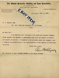 1900 LTR Baltimore MARYLAND Police Commissioner EDSON SCHRYVER Seim Toby Easter - Picture 1 of 1