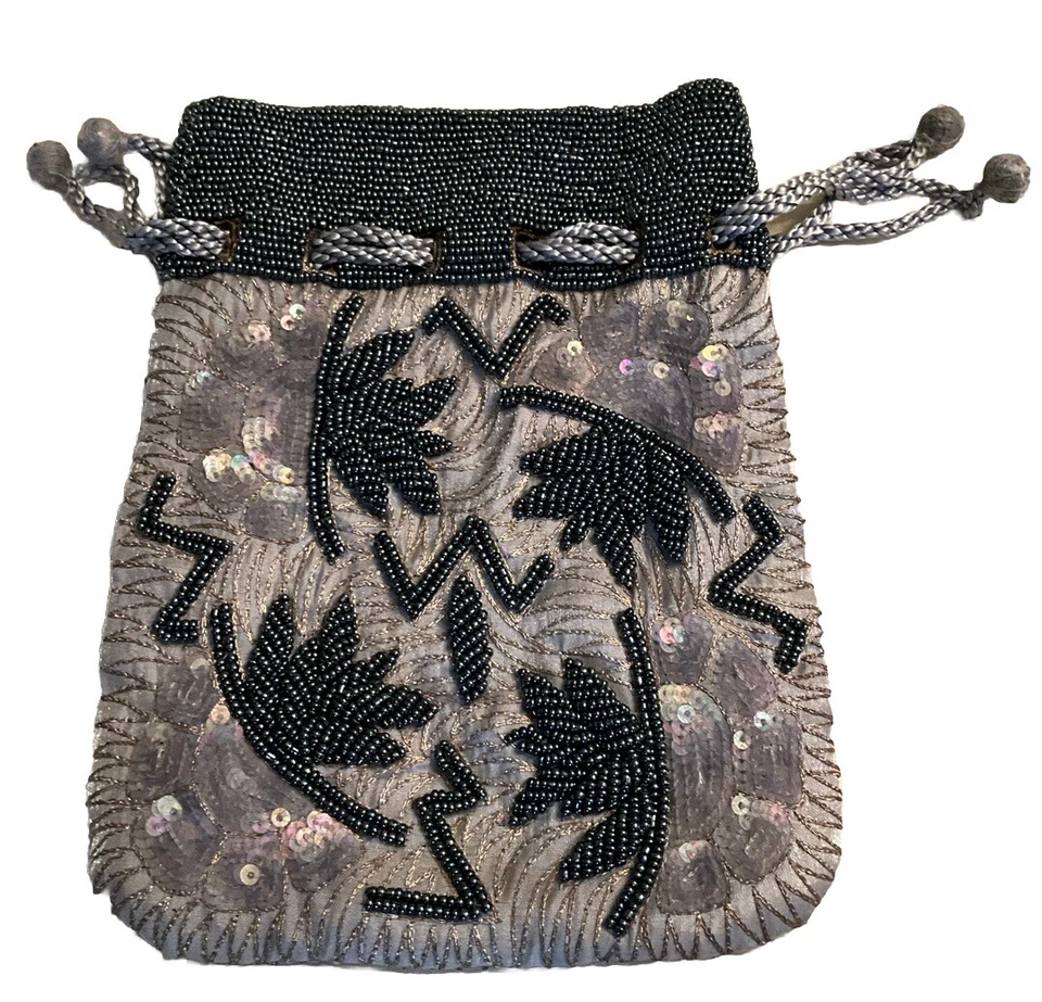 Bolsa de coquetel de noite vintage cinza com miçangas de cetim exclusiva com cordão - Imagem 1 de 1