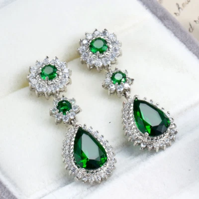 Women Green CZ Dangle Teardrop Heart Chandelier Silver Earrings Studs AZ - Image 1 of 4