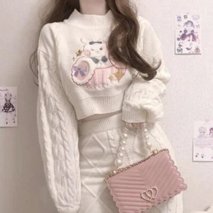 Bunny Heart Knit Crop Top Skirt Set | Women Sweater Dress Mini Set Kawaii Bunny - Picture 1 of 8