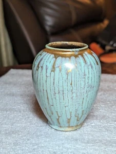 Vintage Carstens Tonnieshof W Germany Pottery Vase Teal Gold Drip 4 Tall As Is - Picture 1 of 14