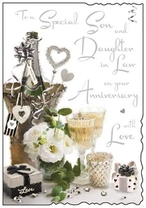 "Tarjeta de aniversario de hijo e hija de Jonny Javelin - champán y rosas 9x6,25" - Imagen 1 de 2