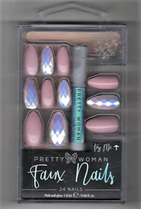 Pretty Woman Nails Glue On Medium Length Almond Shape Fake Iridescent Diamond  - Picture 1 of 2