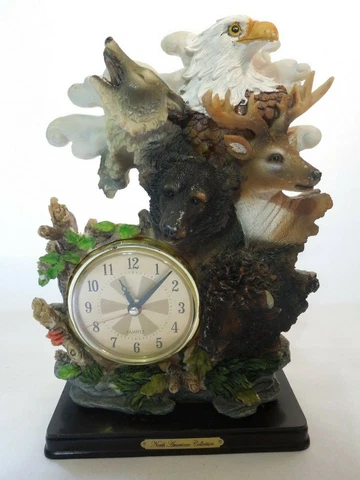 Quartz Desk/Shelf Clock North American Collection Wild Animals Resin w/Wood Base Cover