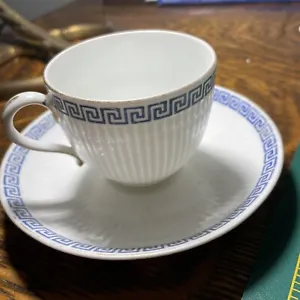 Antique 1850 English Porcelain Cup & Saucer With Blue Greek Key Border. - Picture 1 of 9
