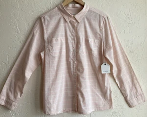 CASLON Ivory Coral Button Up-Long Sleeve Collared Stripe Cotton Shirt Womans LP - Picture 1 of 9