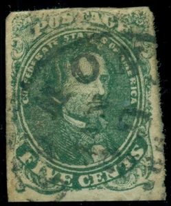 ESTADOS CONFEDERADOS #1, 5¢ verde, usado con cancelación de ciudad, en muy buen estado, Scott $175.00 - Imagen 1 de 1