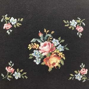 Vintage Floral Needlepoint Black Pink Roses Wool Chair Pillow Cushion 19 x 14.5" - Picture 1 of 4
