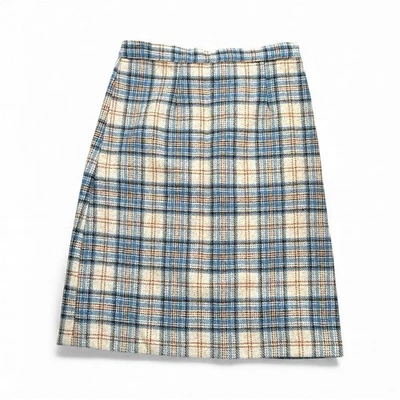 Vintage Wool Blue Tan Plaid Pencil Skirt Midi 30" Waist Outlander Preppy - Image 1 of 3