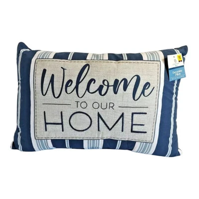 Welcome to Our Home Throw Pillow White Grey Blue Stripes Embroidered 12" x 18" - Image 1 of 4