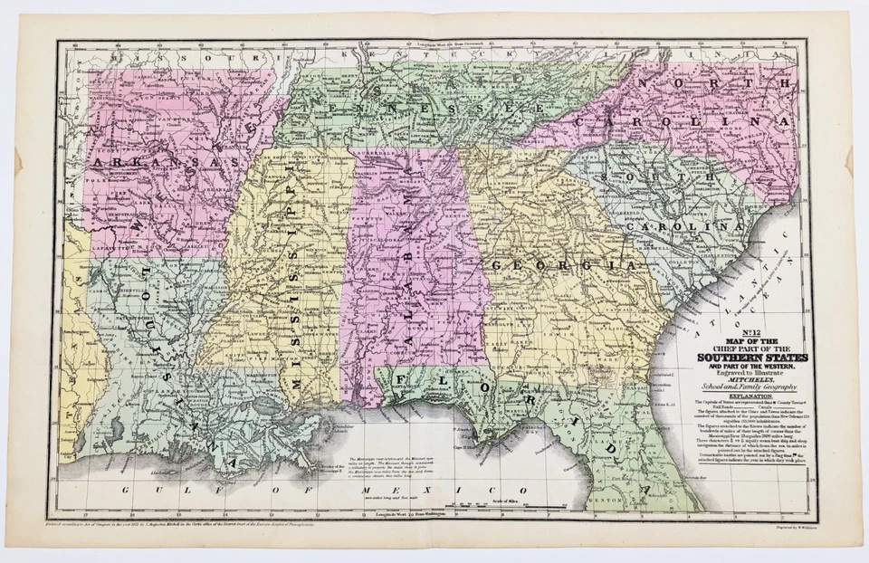 Mapa ESTADOS DEL SUR 1852 ORIGINAL (16x10) FLORIDA GEORGIA CAROLINA DEL SUR Foto 1 de 4