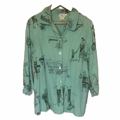 Lo último Algodón Too Mujeres Tropical L Blusa Camisa Abotonada Mezcla de Lino Vacaciones EE. UU. Foto 1 de 4