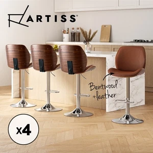 Artiss 4X Bar Stools Bentwood Adjustable Kitchen Counter Chair Leather Brown - Picture 1 of 8