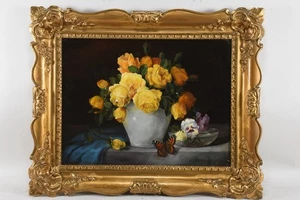 N89E39- Alois Zabehlicky (1883-1962) Gemälde Stilleben gelbe Rosen Schmetterling - Picture 1 of 12
