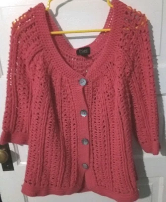 Pure Handknit 100% Cotton Knit Cardigan Sweater Buttons Cottagecore Sz L/XL Red - Image 1 of 4