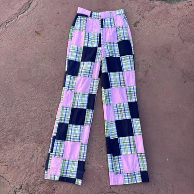 Vintage 1950s 1960s Pink & Green Plaid Patchwork Madras Cotton Pants Collegiate - Image 1 of 4