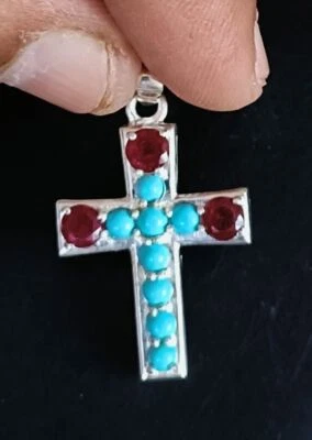 Charm-Anhänger Rubin Türkis Edelstein 925 Sterling Silber Kreuz Anhänger - Bild 1 von 4