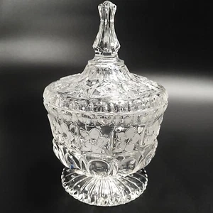 Pansy Floral Embossed Etched Candy Dish Jar Footed Clear Glass Fancy Finial Lid - Picture 1 of 9
