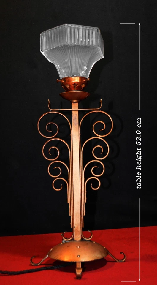 Fine copper  brass Edwardian French art deco 1910 desk lamp rare holophane shade - Image 1 of 4