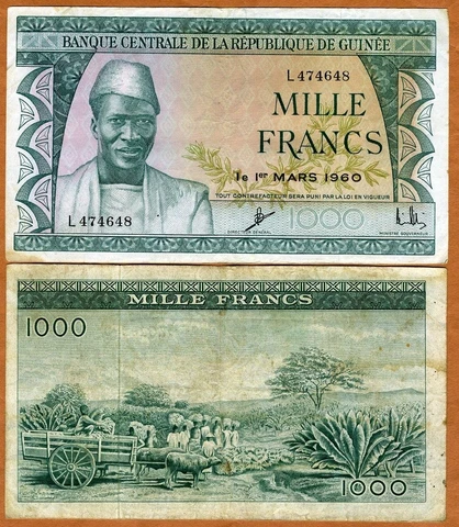 Guinea,1000 Francs, 1960, P-15, F 60 year old African banknote Cover