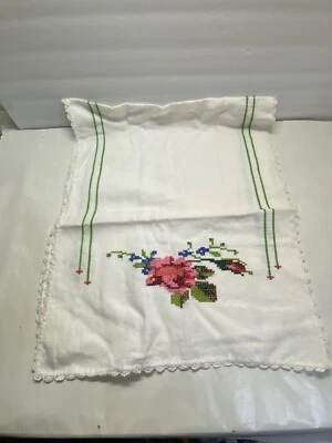 Vintage Handmade Chair Needlepoint garden flowers table runner 36 inches MCM - Image 1 of 4