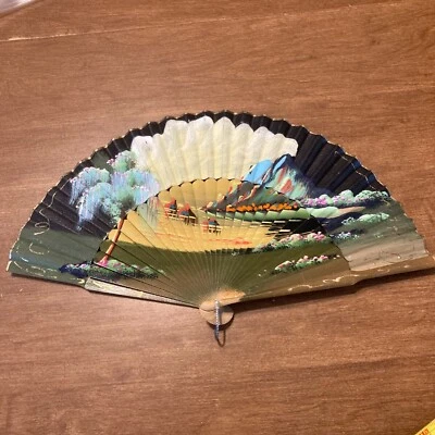 Винтажные деревянные холщовые ручные вентиляторы складные 1940-1950-е пейзаж Огайо - РЕДКИЕ - Изображение 1 из 4