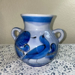 MEXICAN TONALA WATER JUG JARRA PITCHER BLUES FLOWERS BIRD MEXICO POTTERY - Picture 1 of 12