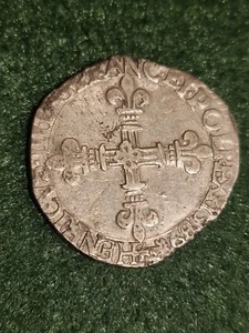 Moneda, Francia, Enrique III, 1/4 Ecu, 1589, Plata París, Gado Excelente Grado B35 - Imagen 1 de 5