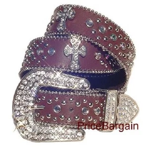 Damen Strass Kristall Braun Kreuz Druckknopf Schnalle Ledergürtel 1X XL - Bild 1 von 1