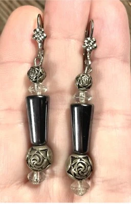 Hematite Drop Dangle Earrings Silver Tone Flower Rose Bead Leverback 2.25” - Image 1 of 4