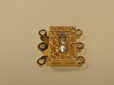 Gold plated Filigree Box Clasps with 3 rhinestones, Brass, about 18x17x7mm - Image 1 of 2