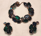 Vtg Schiaparelli Bracelet & Earrings, Blue/Green/Black Stones & Rhinestones