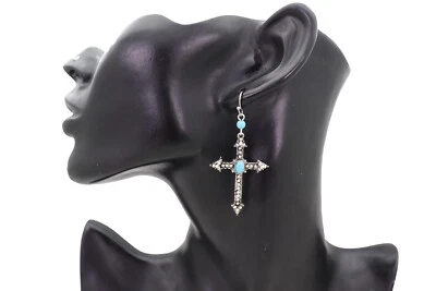 Damen Antike Silberne Metall Spitz Kreuz Haken Ohrringe Set Türkis Blaue Perlen - Bild 1 von 4