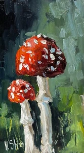 Pintura al óleo original setas mosca arte agárico impresionismo obra de arte hecha a mano - Imagen 1 de 7